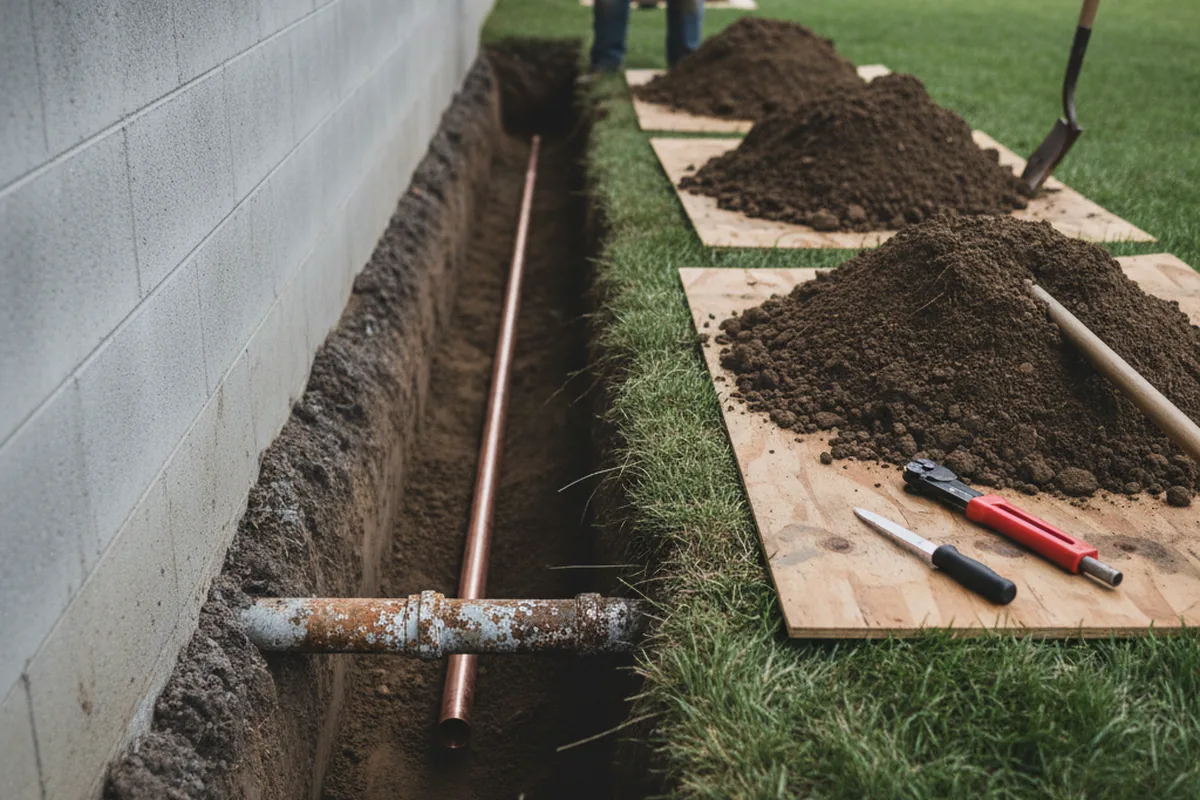 Excavated water line trench during Sewer Line Repair in Dunn